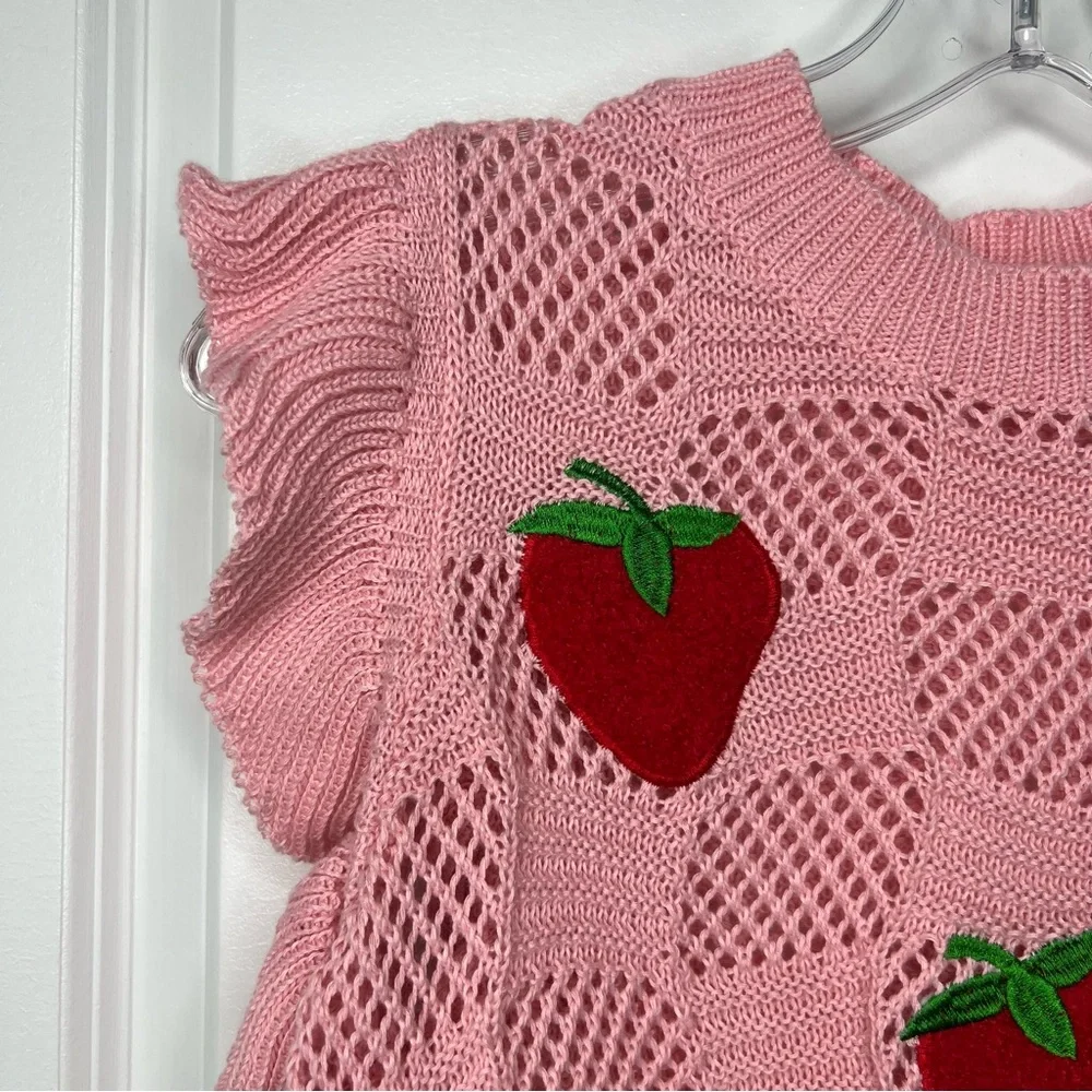 Pink Knit Sweater with Red Strawberry Design Sz Small Flutter Sleeve Soft Cozy - Picture 3 of 10